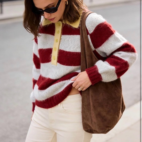 Striped Red and Blue Gray Women's Sweater - Picture 3 of 5